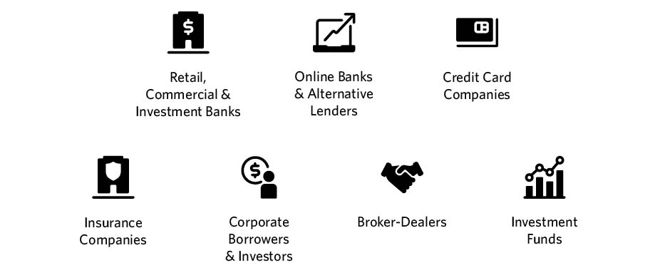 Retail, Commercial & Investment Banks, Online Banks & Alternative Lenders, Credit Card Companies, Insurance Companies, Corporate Borrowers & Investors, Broker-Dealers, Investment Funds